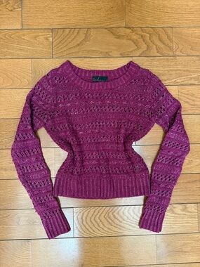 Takeout Open-Knit Crewneck Sweater in Magenta